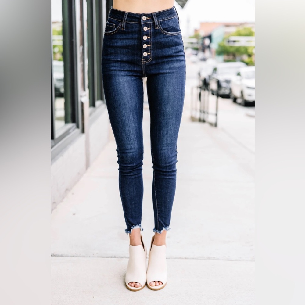Kancan dark wash, high rise bare button skinny jeans